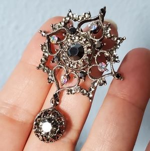 Gunmetal pin brooch necklace pendant with crystals black smoke aurora borealis